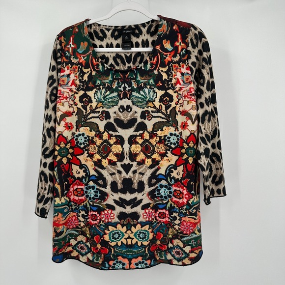 Ali Miles Womens M Boho Patchwork Print Top Mixed Floral Leopard Artsy Statement - Picture 1 of 8